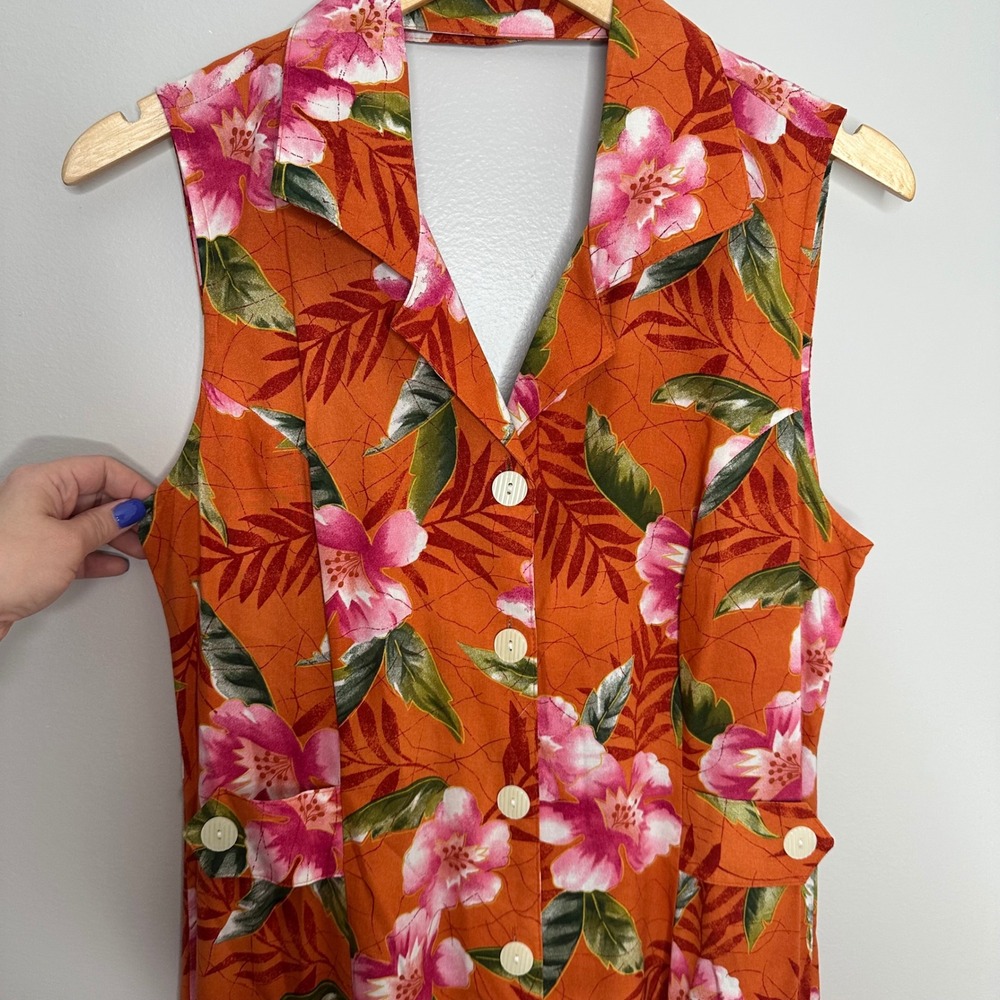 Erika Women's Vintage Orange Floral Print Button Front‎ Sleeveless Midi Dress M - Picture 2 of 9